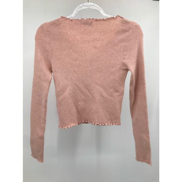 Lush Women's Pink Rib Knit Lettuce Trim Button Front Crop Sweater L - Picture 5 of 5